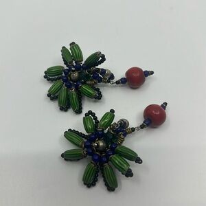 Huge Colorful beaded flower clip on earrings